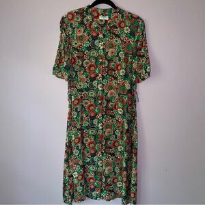 Untuckit Size 12 Floral Green and Red Midi Dress Button Up Short Sleeve